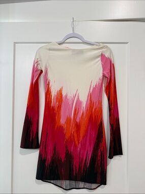 Long Sleeve Paint-Brush Print Tunic Dress - Pink & Red